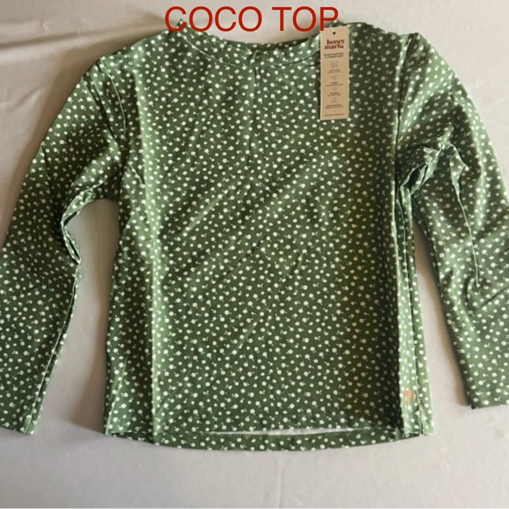 HONEY MARK Kids Coco Long Sleeve Swim Top -Sage Green w/ white daisies - NWT